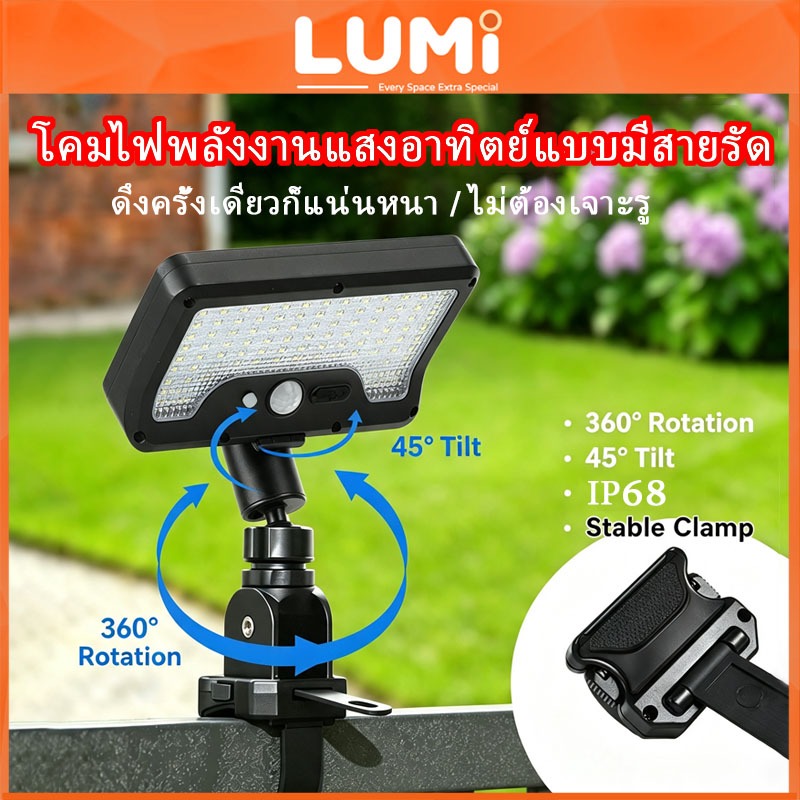 LUMI ไฟรัดสายพลังงานแสงอาทิตย์ แบบไม่ต้องเจาะรู ปรับมุมได้ 360° เซ็นเซอร์ตรวจจับการเคลื่อนไหว ใช้สำหรับรั้ว ลานบ้าน