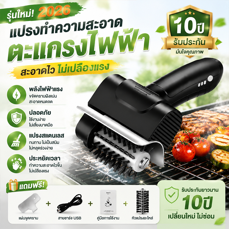 แปรงทำความสะอาดตะแกรงปิ้งย่างไฟฟ้า ชาร์จ สแตนเลสเกรดอาหาร แถมหัวแปรงสำรอง แคมป์ โฮมสเตย์