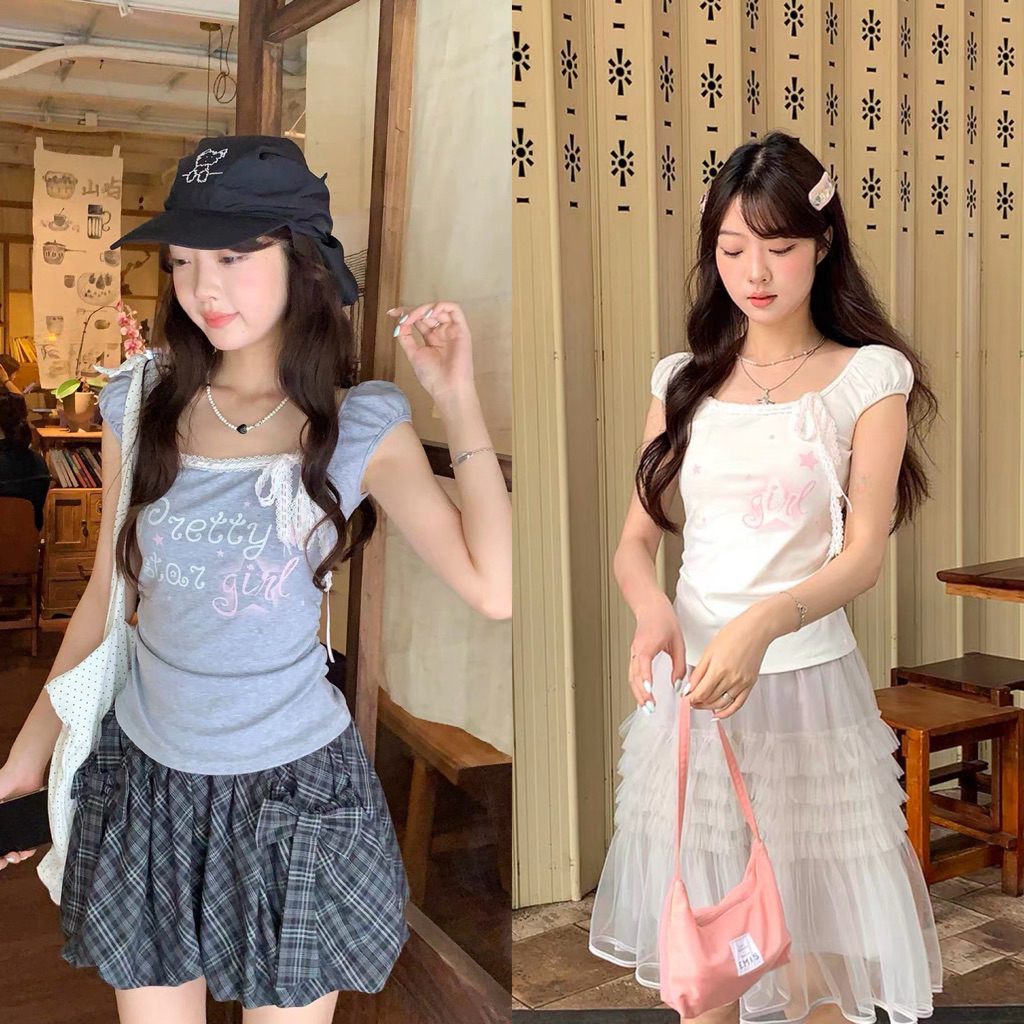 June 2073 เสื้อยืดคอคว้านแต่งขอบริบบิ้น 🎀