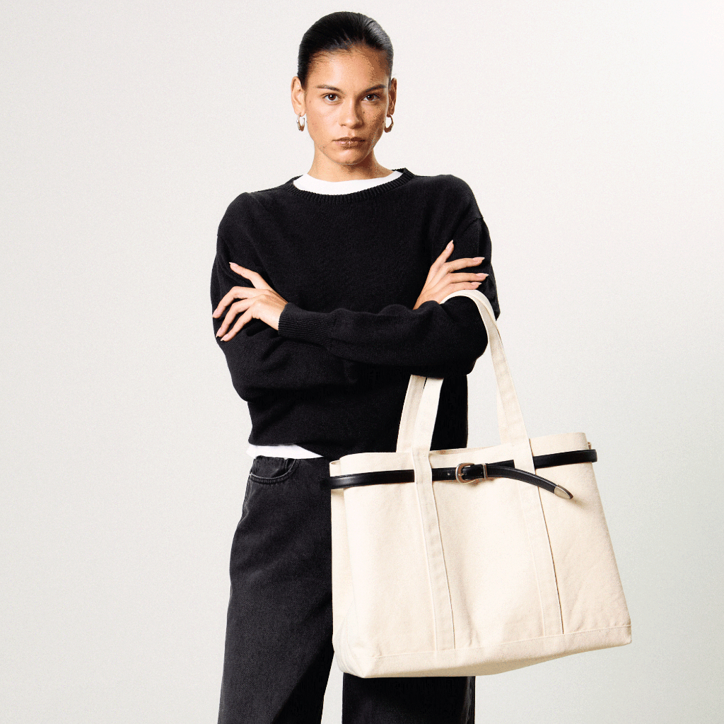 Madmatter-Belted Tote Bag(3 Color : Natural,Chocolate,Black)กระเป๋าผ้าแคนวาส สามารถใส่แล็ปท๊อปได้ขนาด 16 นิ้ว สายหนังแท้