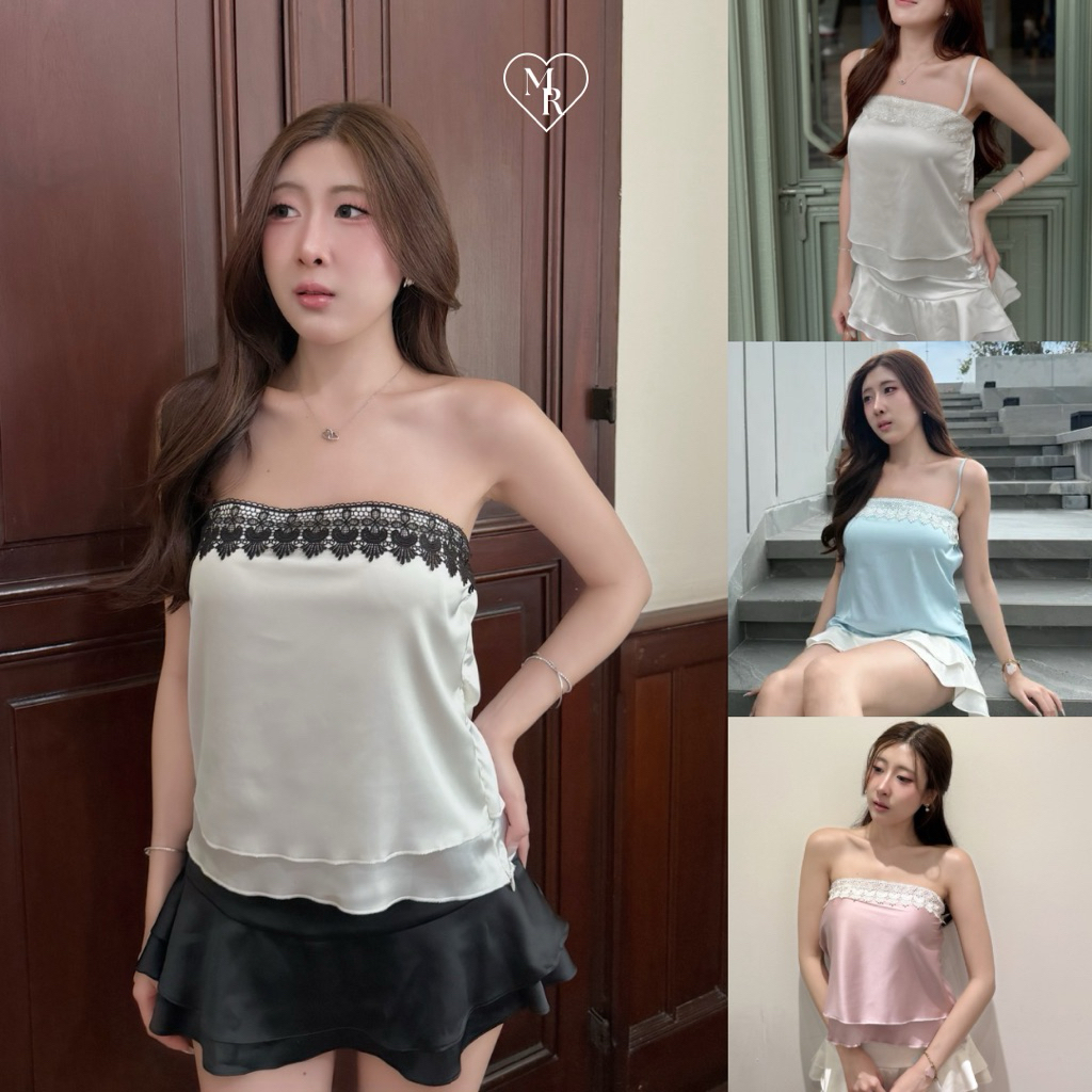 Milvera l Rosalie top เสื้อสายเดี่ยวผ้าซาติน แต่งลูกไม้หน้าอก แต่งชั้น Layer สายปรับได้