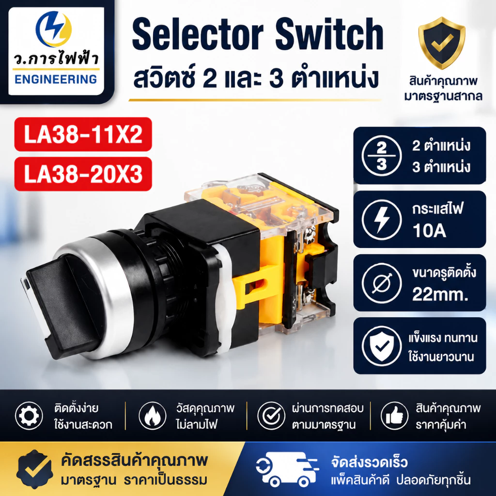 Selector Switch LA38-11X2 LA38-20X3 สวิตช์เลือก 2 ตำแหน่ง 3 ตำแหน่ง 10A ขนาดรูติดตั้ง 22mm สำหรับตู้คอนโทรล