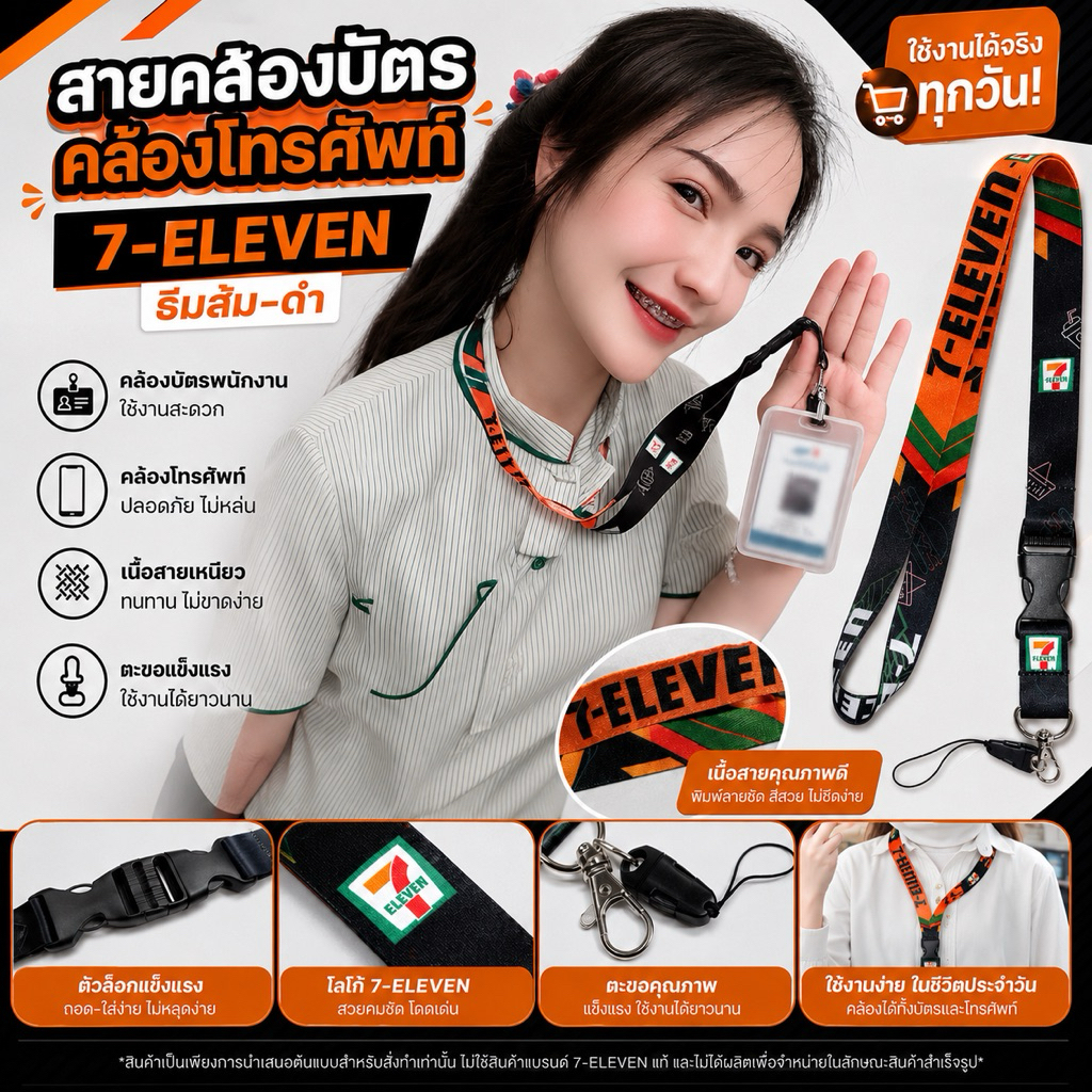 [พร้อมส่ง] สายคล้องบัตร 7-Eleven สายคล้องคอ เซเว่น ลายลิขสิทธิ์แท้ มีตัวล็อกก้ามปู ถอดสายได้ สำหรับพนักงาน แฟนคลับ