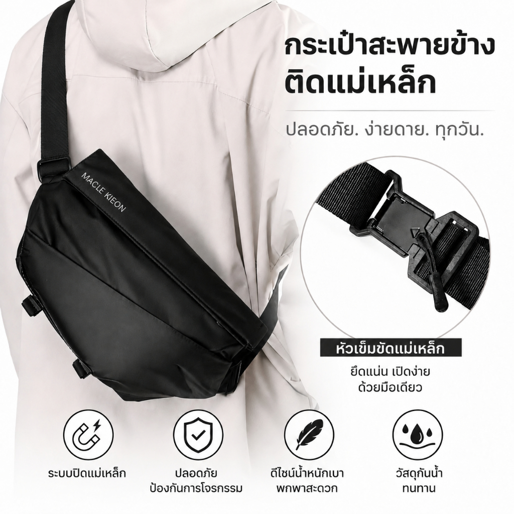 กระเป๋าแนวขวางของผู้ชายสะพายผช กระเป๋าสะพายไหล่ผ้า oxford กันน้ำ หัวเข็มขัดล็อคแม่เหล็ก