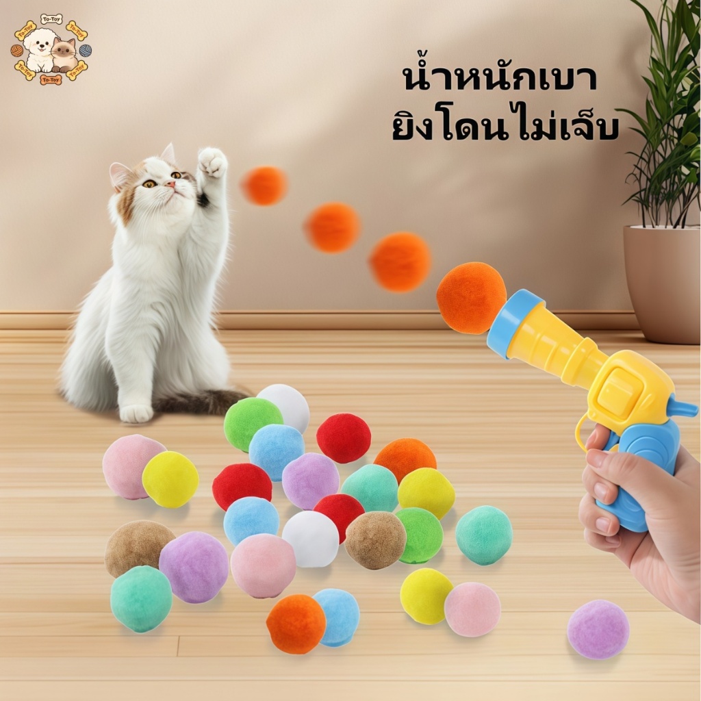 ปืนยิงปอมปอมแมว ยิงไกล แรงดีดสูง เล่นสนุกกับเจ้านาย แถมลูกบอลไหมพรม 20 ลูก ทนทานไม่พังง่าย