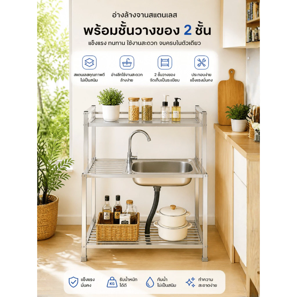 Vliving ซิ้งค์ล้างจาน อ่างล้างจาน สแตนเลส A 2ชั้น กลาง มีบน โครงอลูมิเนียม