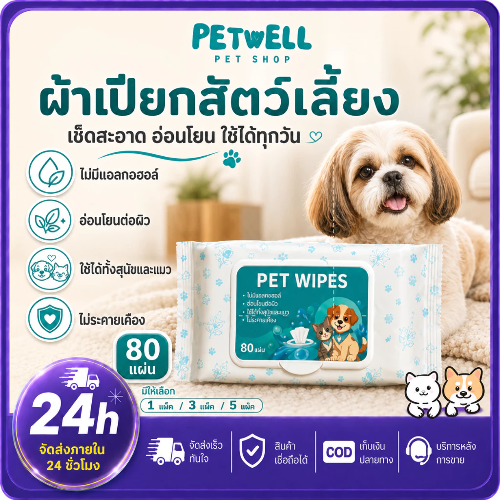 PETWELL ทิชชู่เปียกสัตว์เลี้ยง (1 แพ็ค/80 แผ่น) ผ้าเปียกแมว ผ้าเปียกหมา สูตรอ่อนโยนพิเศษ ปลอดภัย เส้นใยธรรมชาติ100%