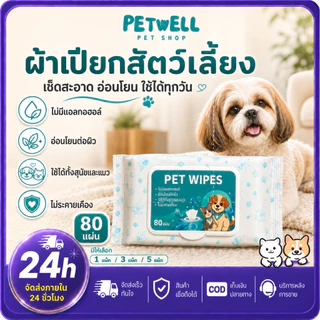 PETWELL ทิชชู่เปียกสัตว์เลี้ยง (1 แพ็ค/80 แผ่น) ผ้าเปียกแมว ผ้าเปียกหมา สูตรอ่อนโยนพิเศษ ปลอดภัย เส้นใยธรรมชาติ100%