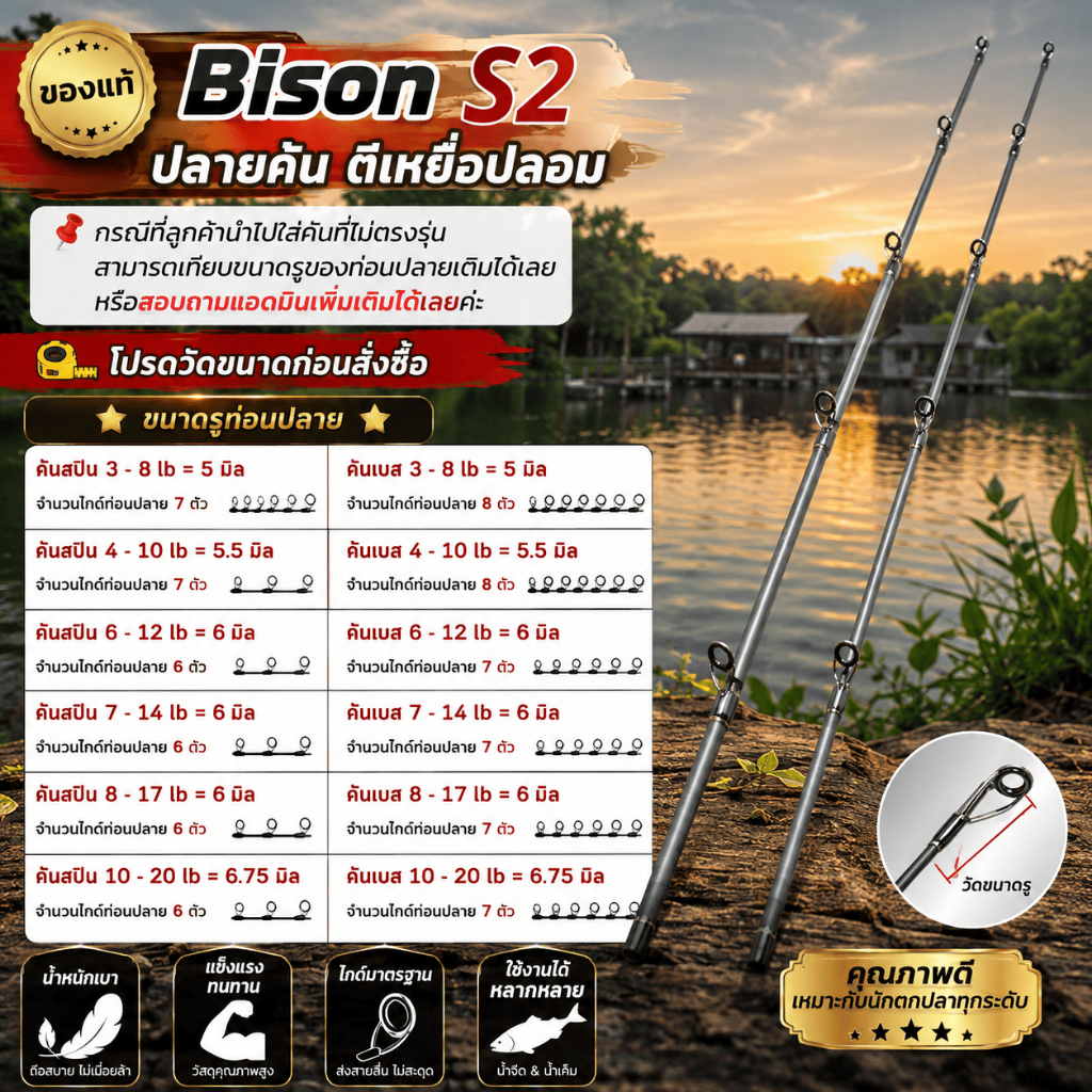 [ ของแท้ ] ปลายคันเบ็ดตีเหยื่อปลอม Bison S2 | ปลายคันสปิน / ปลายคันเบส อะไหล่ปลายคันเบ็ด 3-20lb เปลี