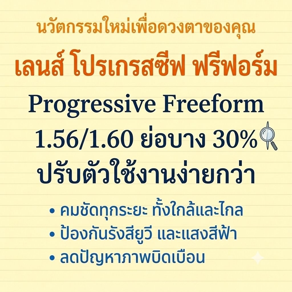 เลนส์โปรเกรสซีฟฟรีฟอร์ม1.56/1.60 Progressive Freeform/ปรับตาได้ง่ายสบายตาขึ้นบลู/เปลี่ยนสี