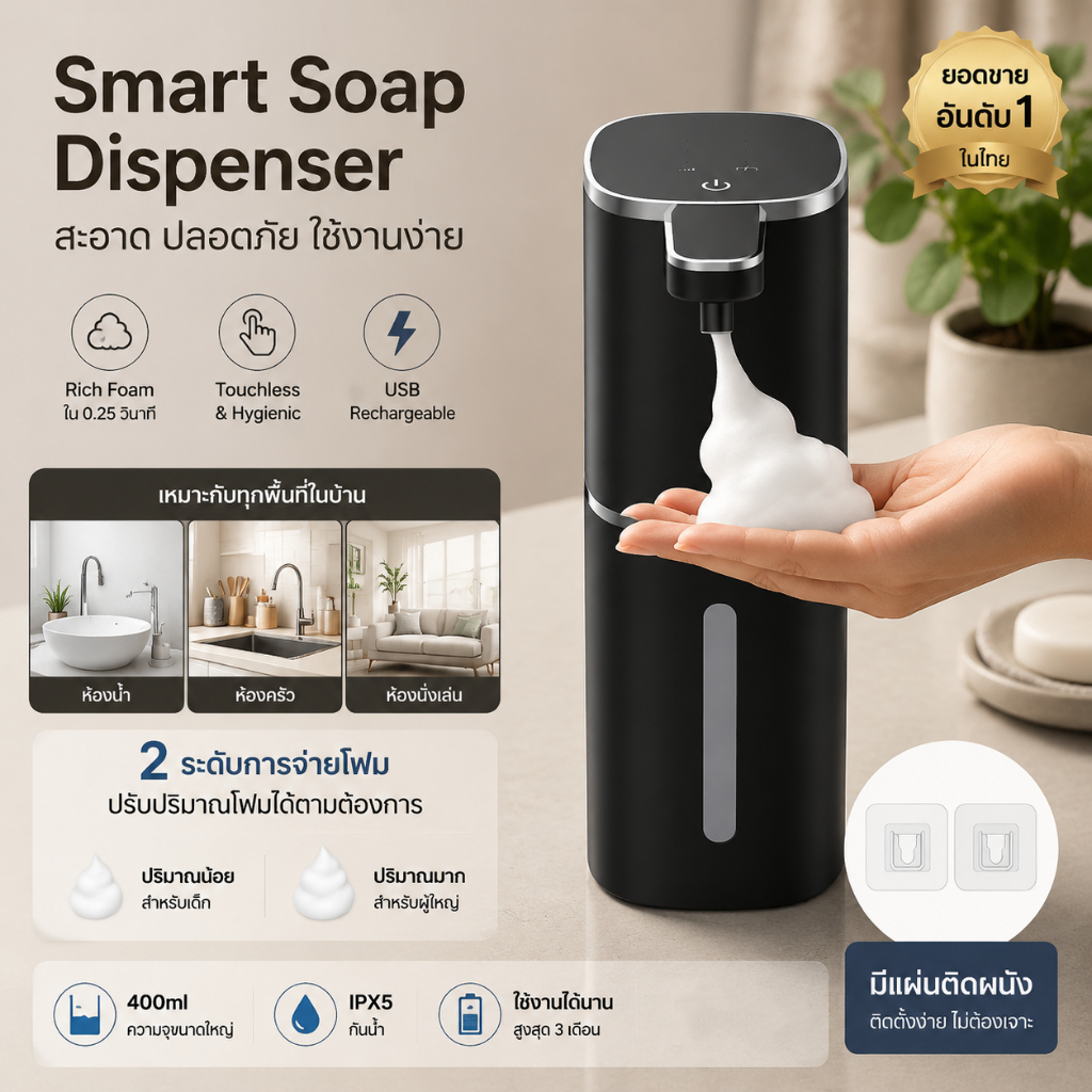 เครื่องจ่ายสบู่อัตโนมัติ แบบไม่สัมผัส ชาร์จ USB ปรับปริมาณได้ 4 ระดับ ติดผนังได้ ใช้ได้ทั้งสบู่เหลวและโฟม สำหรับห้องน้ำแ