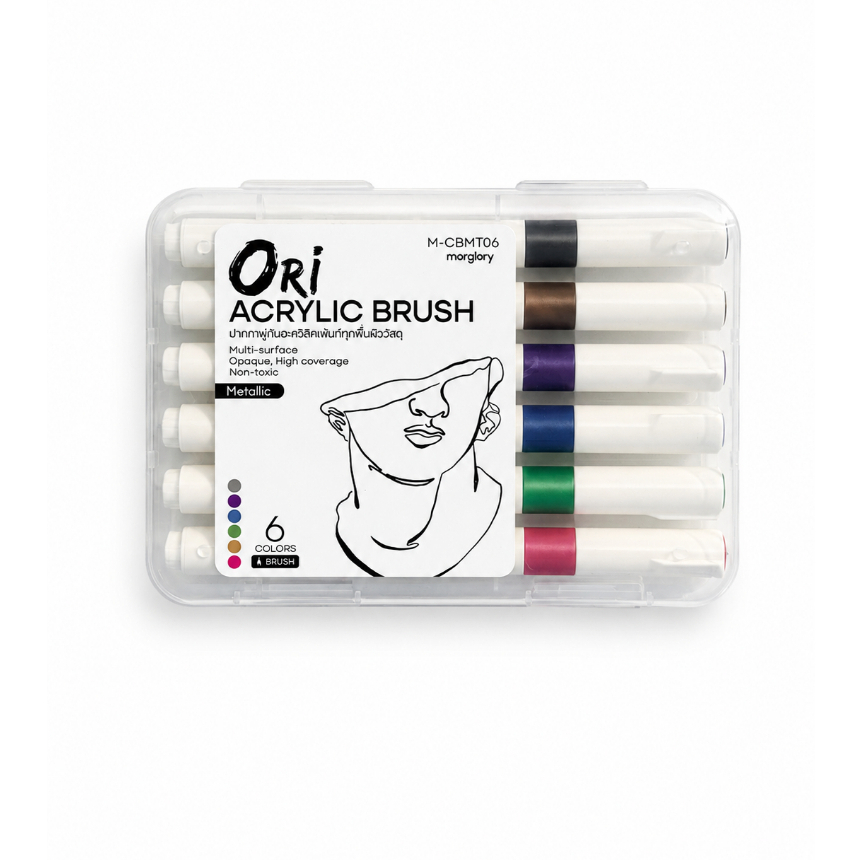 ORI Metallic Acrylic Brush Pen ปากกาอะคริลิค หัวพู่กัน Metallic tones 6 สี