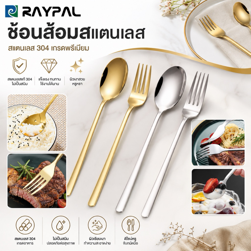ช้อนส้อม สแตนเลส ช้อนเกาหลี สีทอง พรีเมียม เกรดอาหาร ช้อนกินข้าว ส้อมอาหาร ด้ามยาว 20 ซม. ไม่เป็นสนิม แข็งแรง พรีเมียม