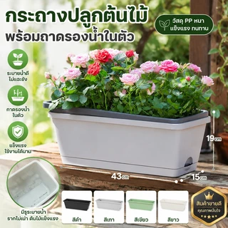 กระถางปลูกผักพลาสติกทรงยาว ขนาด 43*19*15 ซม. ทำจากเรซิน มาพร้อมถาดรอง ทรงสี่เหลี่ยม