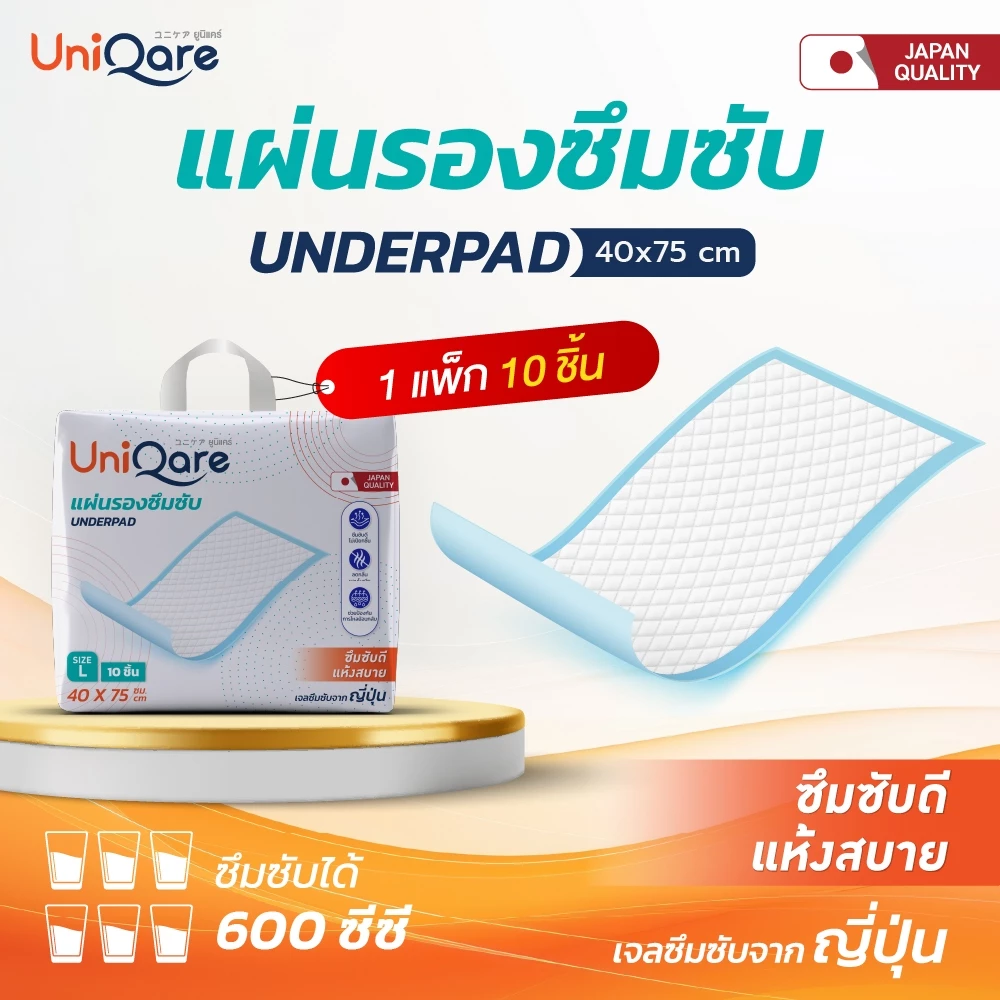 (แผ่นรอง L10ชิ้น) UniQare แผ่นรองซึมซับ แผ่นรองซับ ไซส์ L ขนาด 40x75 ซม. 10 ชิ้นต่อแพคใช้สำหรับปูที่นอนหรือที่นั่ง