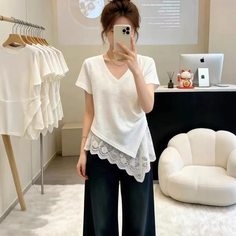 เสื้อยืดแขนสั้นผู้หญิง M-4XL ชายลูกไม้สไตล์เกาหลี เสื้อแฟชั่นสาวพลัสไซซ์ ลุคหวาน เรียบหรู ใส่เที่ยวได้ทุกวัน