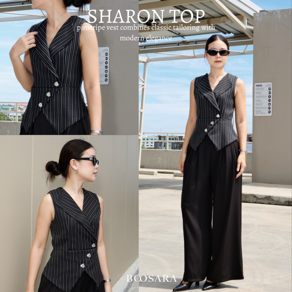 BOOSARA :  Sharon Top (ชารอน) เสื้อแขนกุดผ้านุ่มลายริ้วใส่สบายใส่ไปทำงานหรือไปเที่ยวก็เอาอยู่ เสื้อผ้าผู้หญิง- BSR C.