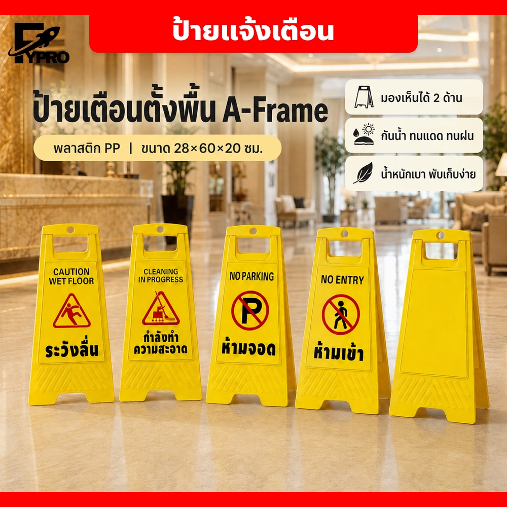 ป้ายเตือนความปลอดภัย สีเหลืองสะดุดตา น้ำหนักเบา Safety Sign ป้ายตั้งพื้น พับเก็บได้