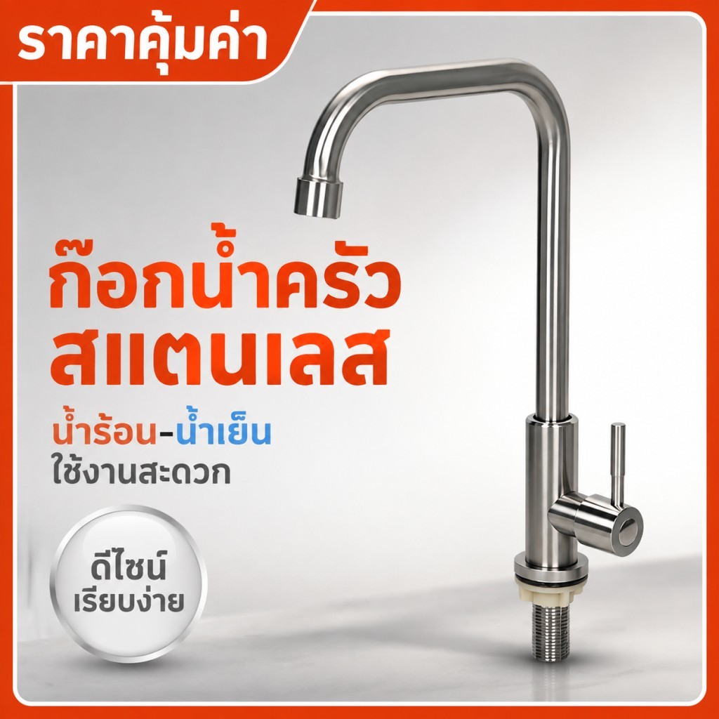 ก๊อกน้ำครัวสแตนเลส น้ำร้อน‑น้ำเย็น ดีไซน์เรียบง่าย คอก๊อกโค้งสูง ผิวขัดลวด ทนทานไม่เป็นสนิม ราคาคุ้มค่า สำหรับอ่างล้างจา