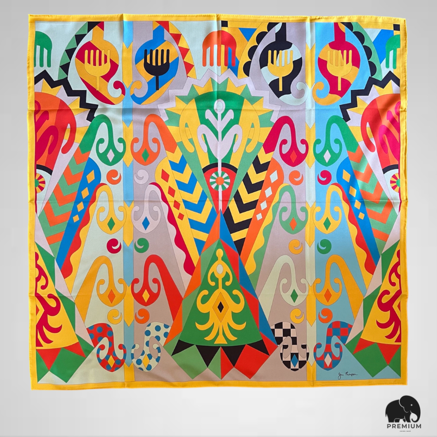 ผ้าพันคอผ้าไหม จิม ทอมป์สัน Silk scarf 33"x33" Jim Thompson ลายกราฟฟิกสด P06