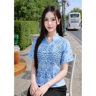 เสื้อคอจีน ลายไทยกระดุมมุก งานมาใหม่