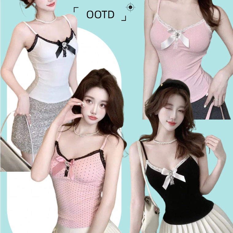 Veewink เสื้อลายจุดเนื้อนุ่ม ดีไซน์เก๋ ใส่ตัวนอก ยกทรงในตัว เอวคอด โบว์ตัดสี หวาน ใส่แล้วเรียว