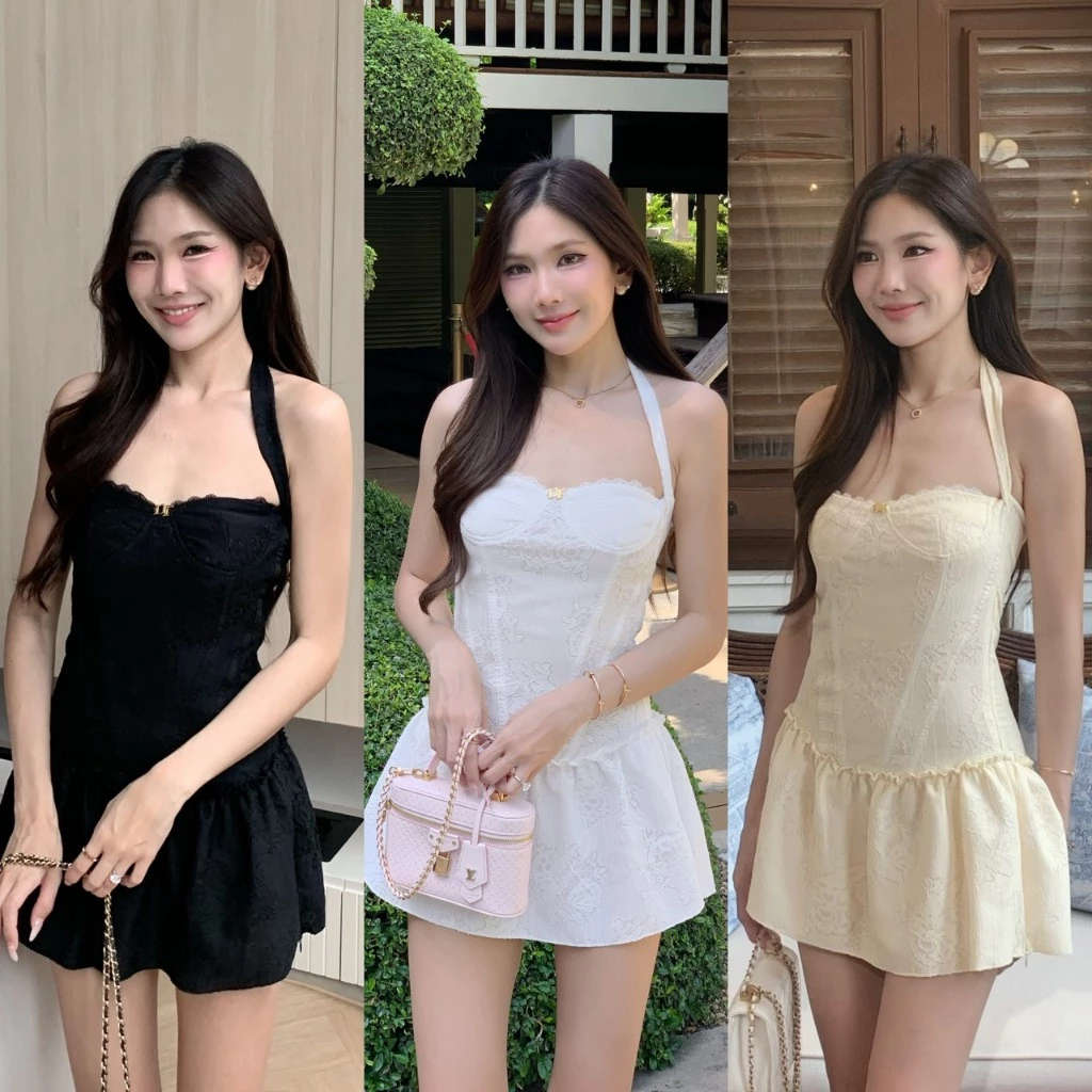 [พรีออเดอร์เฉพาะสี Cream 10-15วัน] NICHARIS - เดรสผูกคอทรงคอร์เซ็ทลูกไม้ รุ่น Daisy Doll Dress