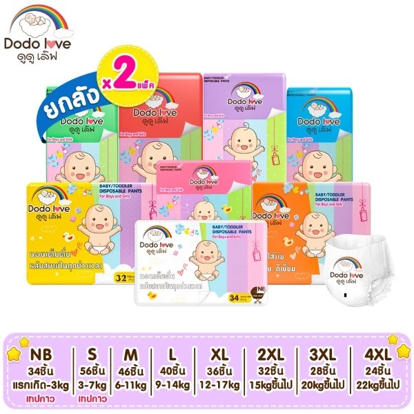 Babykids [ยกลัง 2แพ็ค] DODOLOVE Standard Soft กางเกงผ้าอ้อม ผ้าอ้อมสำเร็จรูป Size NB-4XL นุ่ม บางเบา ใส่สบาย