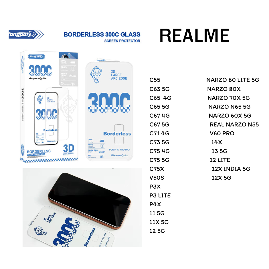 ฟิล์มกระจกใส 300C เต็มจอไร้ขอบดำREAL C55/C63 5G/C65  4G/C65 5G/ C67 4G/C67 5G/C71 4G/C73 5G/C75 4G/C