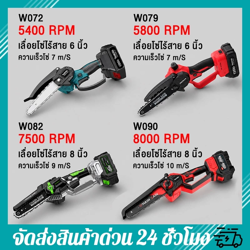 เลื่อยไร้สาย 6/8 นิ้ว เลื่อยไฟฟ้าแบต เลื่อยไฟฟ้าไร้สาย เลื่อยโซ่ W090/082/079/072 เลื่อยตัดกิ่งไฟฟ้า เลื่อยโซ่