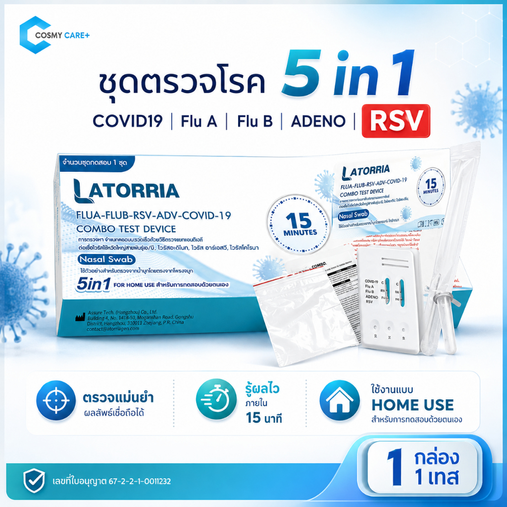 ชุดตรวจไข้หวัดใหญ่ 5 สายพันธุ์ Latorria 5 สายพันธุ์ ใช้งานง่าย รับรู้ผลไว ( จำนวน 1/3 เทส )