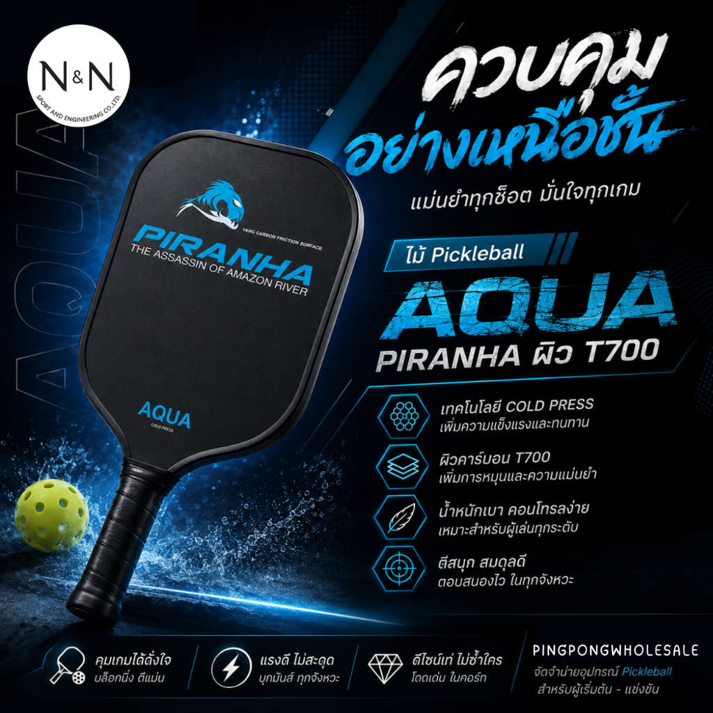 (รุ่นใหม่) ไม้ Pickleball AQUA Piranha ผิว T700 หมุนกว่าเดิม เทคโนโลยี Cold Press ฟีลนุ่ม คอนโทรลง่าย ตีสนุก