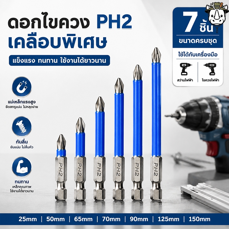 ไขควงแม่เหล็กบิต 7 ชิ้น (25-150 มม.) หัว SHS แข็งแรง ทนทาน สำหรับไขควงไฟฟ้า