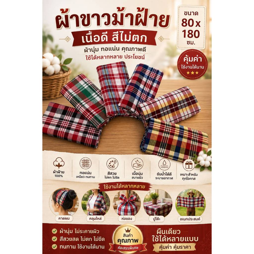 (1 ผืน) ผ้าขาวม้าฝ้าย ขนาด 80x180 ซม. เย็บขอบอย่างดี เนื้อดี สีไม่ตก ผ้านุ่ม ทอแน่น ใช้งานได้สารพัด คุ้มค่าทุกผืน!