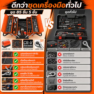 85PCS ชุดบล็อกประแจ ชุดเครื่องมือซ่อมรถยนต์ กล่องเหล็ก 5 ชั้น ด้ามฟรี 72 ฟัน ลูกบล็อก CR-V ไขควง คีม ครบชุด
