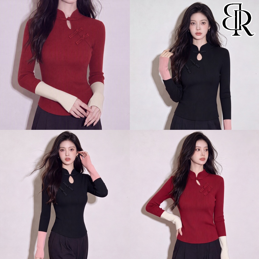 B&R พร้อมส่ง เสื้อกี่เพ้า เสื้อยืดแขนยาวทรงเข้ารูป คอตั้ง กระดุมม้วนจีน ข้อมือสีตัดกัน สง่างาม