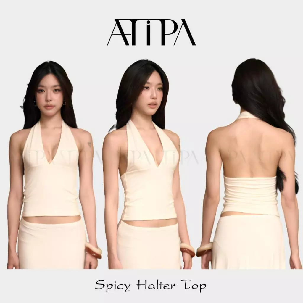 Atipashop - Spicy Halter Top | เสื้อคล้องคอ ทรงเข้ารูป ดีไซน์คอวีลึกช่วยเผยช่วงคอและไหล่อย่างสวยงาม