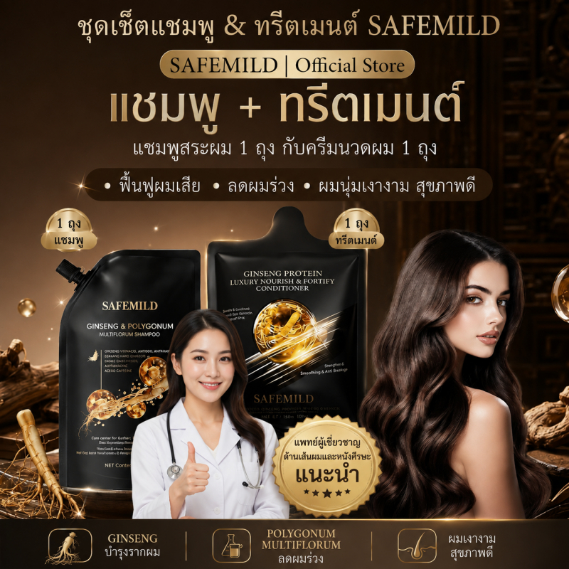 เซตคู่แชมพูและครีมนวดผมSAFEMILD สมุนไพรต่อต้านผมร่วง ซ่อมบำรุงผมแห้งฟูฟ่อง แชมพู300มิล+ครีมนวด160มิล