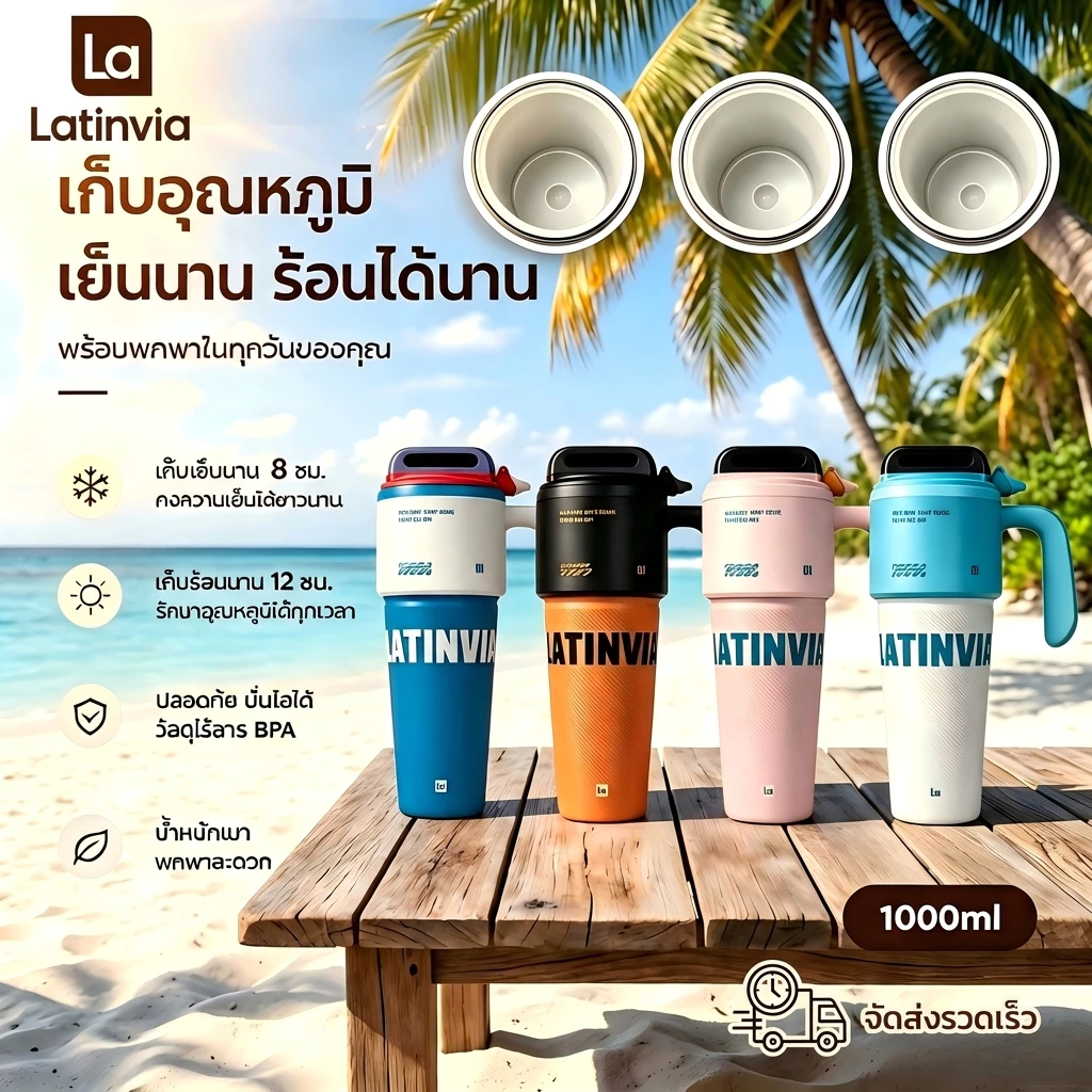 LATINVIAขวดน้ำเก็บความเย็น/ร้อนนี้ช่วยรักษาอุณหภูมิของเครื่องดื่มให้ร้อนหรือเย็นได้ มีซับในเคลือบเซรามิกและความจุ 1000 ม