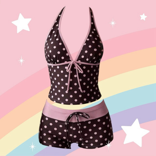 บิกีนี่พิมพ์ลายจุด มีฟองน้ำ ดีไซน์ Halter Neck พร้อม Tie สำหรับผู้หญิง