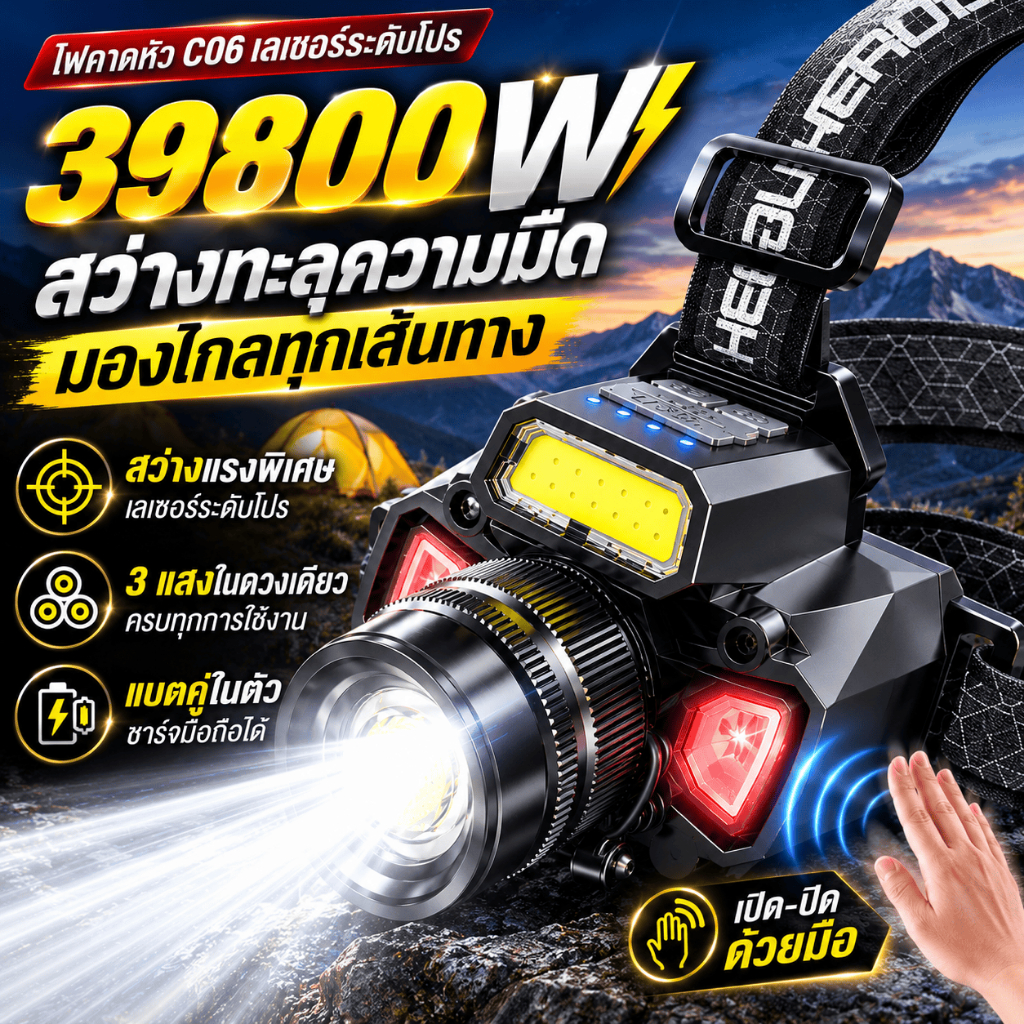 ไฟฉายคาดหัวแท้LEDไส้ตะเกียงเลเซอร์ซูมได้39800w ไฟสายคาดหัว ไฟฉายคาดหัวแรงสูง หัวไฟคาดหัว ไฟฉายแรงสูง ไฟส่องกบสีเหลือง