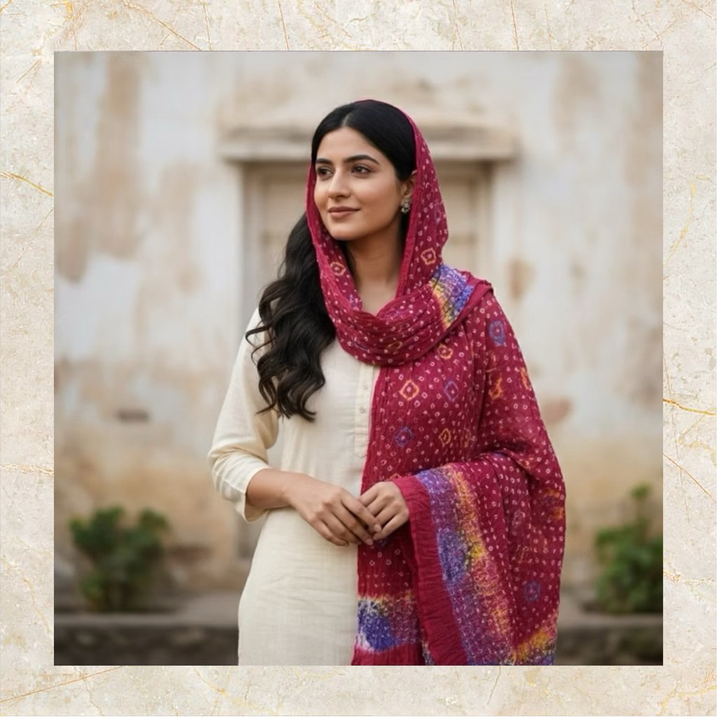 Bandhani Dupatta Scarf Chunni From India Colorful Cloth from India ผ้าพันอินเดีย ผ้าพันไหล่แฟชั่นอินเดีย