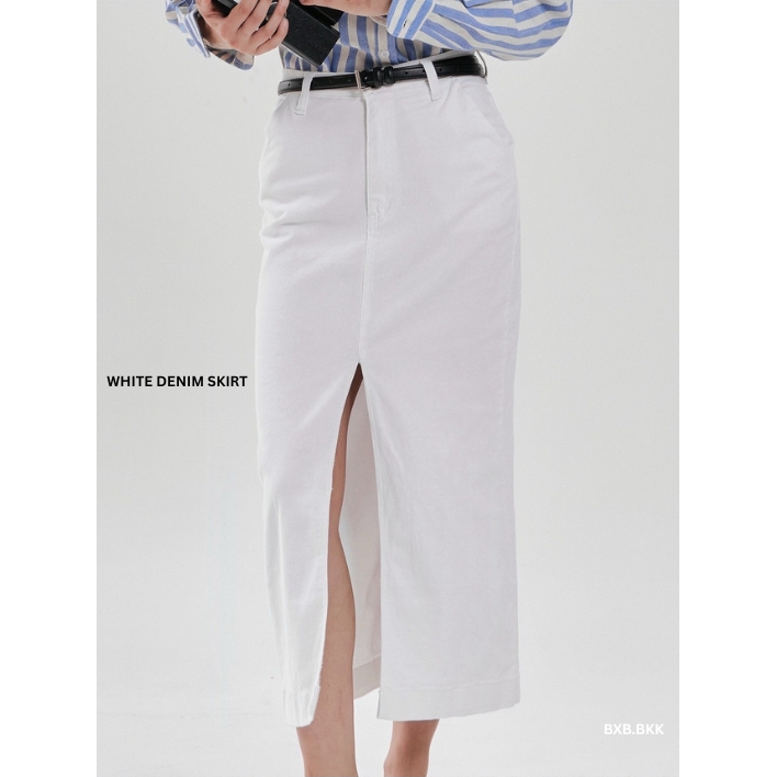 BXB - WHITE DENIM SKIRT กระโปรงยีนส์สีขาวผ่าหน้า ผ้าเนื้อนิ่ม