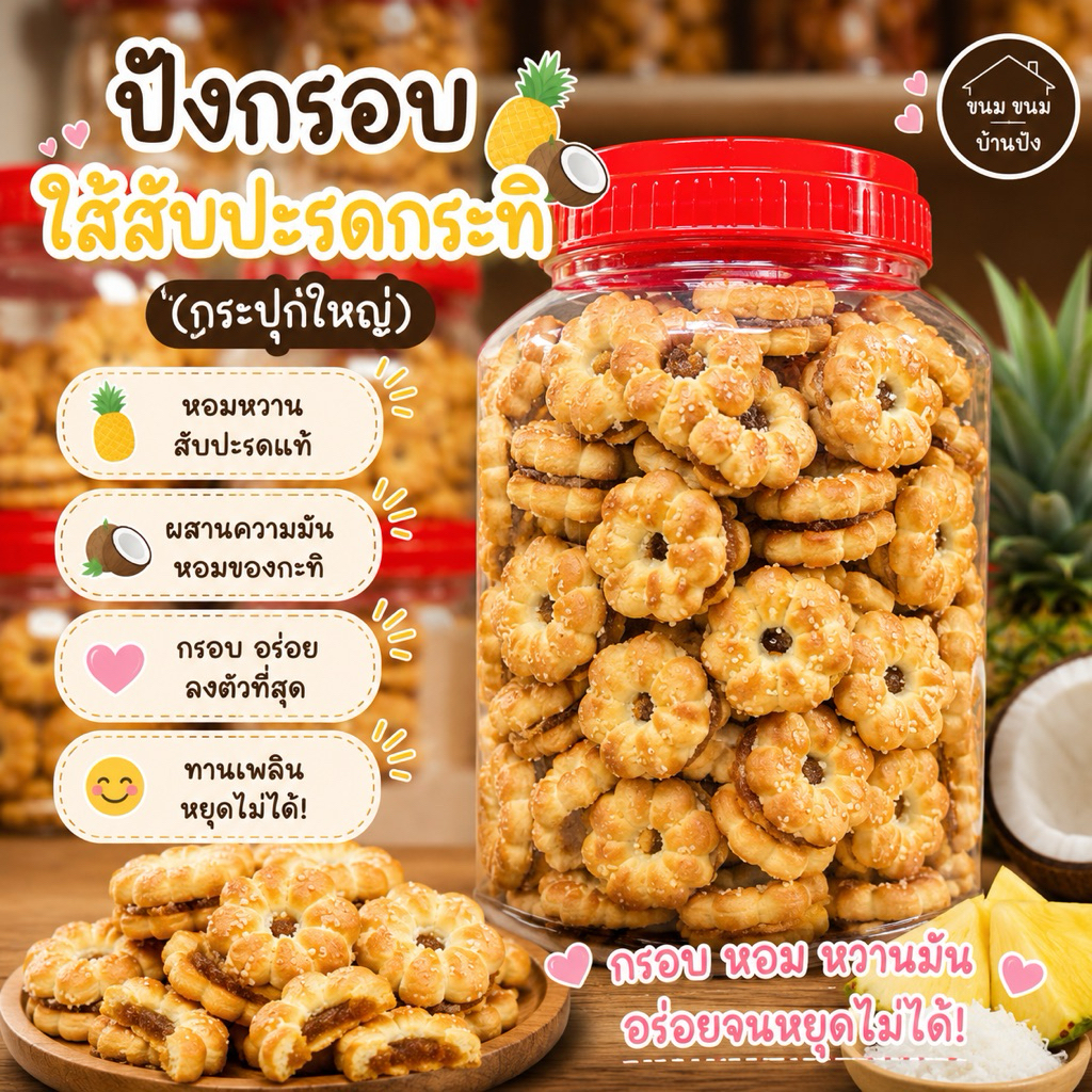 (1กระปุกใหญ่) ปังกรอบใส้สับประรดกระทิ ขนาด 800 กรัม สดใหม่ อร่อย #ขนมปี๊บ ขนมถัง ฝาแดง