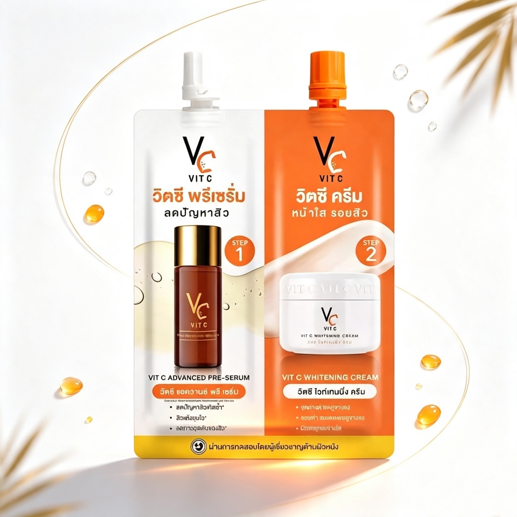 ชุดบำรุงผิวซอง Vit C Pre-Serum + Whitening Cream ดูแลปัญหาสิวและรอยสิวอย่างเข้มข้น
