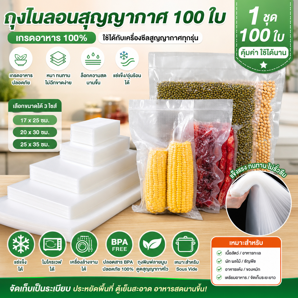 ถุงสูญญากาศ PA+PE เกรดอาหาร 100 ชิ้น 3 ขนาดกันเจาะ ทนทาน ใช้กับเครื่องซีลสูญญากาศทุกยี่ห้อ เก็บอาหารสดได้นาน ปลอดภัยไร้ส