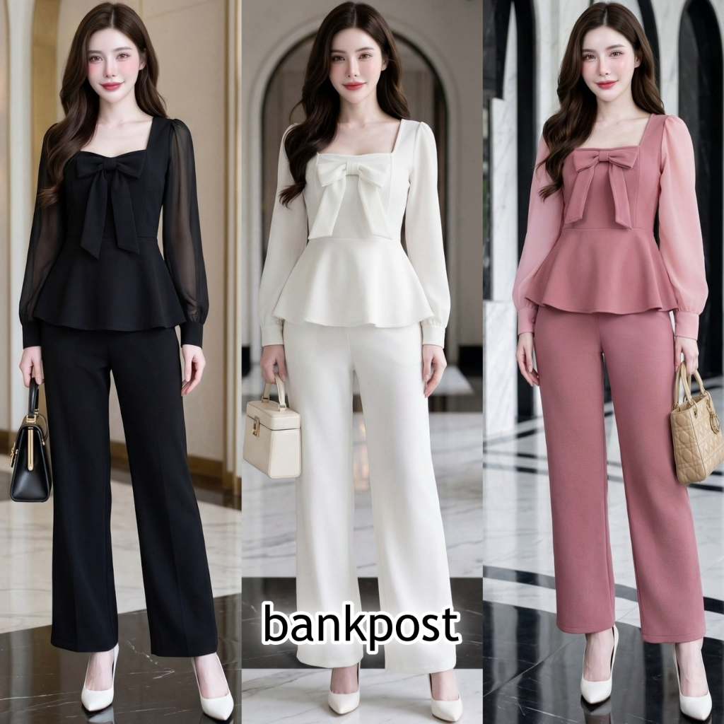 พร้อมส่ง ชุดเซตออกงาน ผ้าวูลเวฟ เสื้อแขนยาวแต่งผ้าชีฟองติดโบว์หน้าสม๊อคหลัง + กางเกงเอวเรียบสม๊อคหลังมีกระเป๋า ใส่แมท