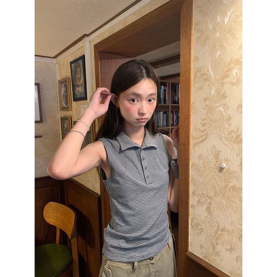 shayne-เสื้อโปโลไร้แขนลายทาง ผ้านุ่มระบายอากาศ ทรงกระชับเอว สไตล์เกาหลีเรียบง่าย เหมาะแต่งตัวประจำวัน
