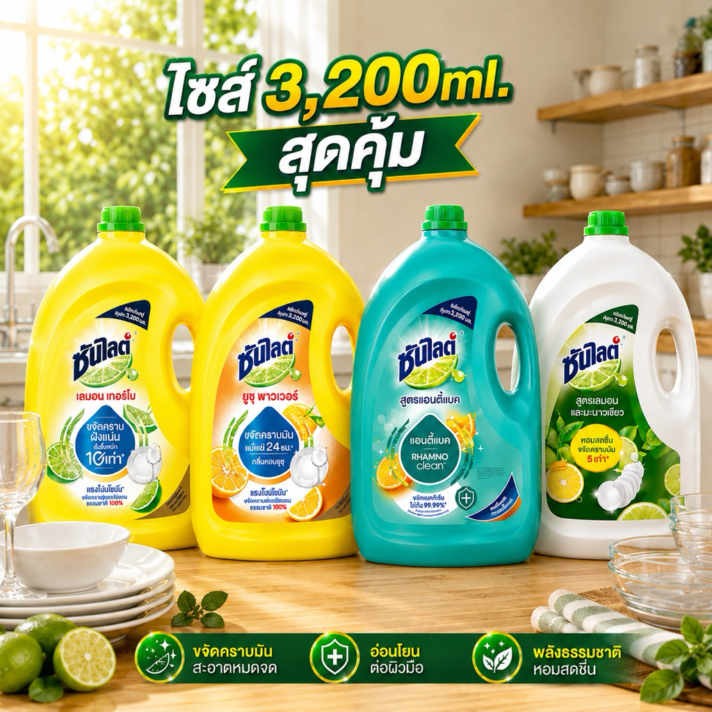 [1ขวด/ยกลัง4ขวด]ซันไลต์ล้างจาน แกลลอน 2,800/3,200ml. เลือกสีข้างใน