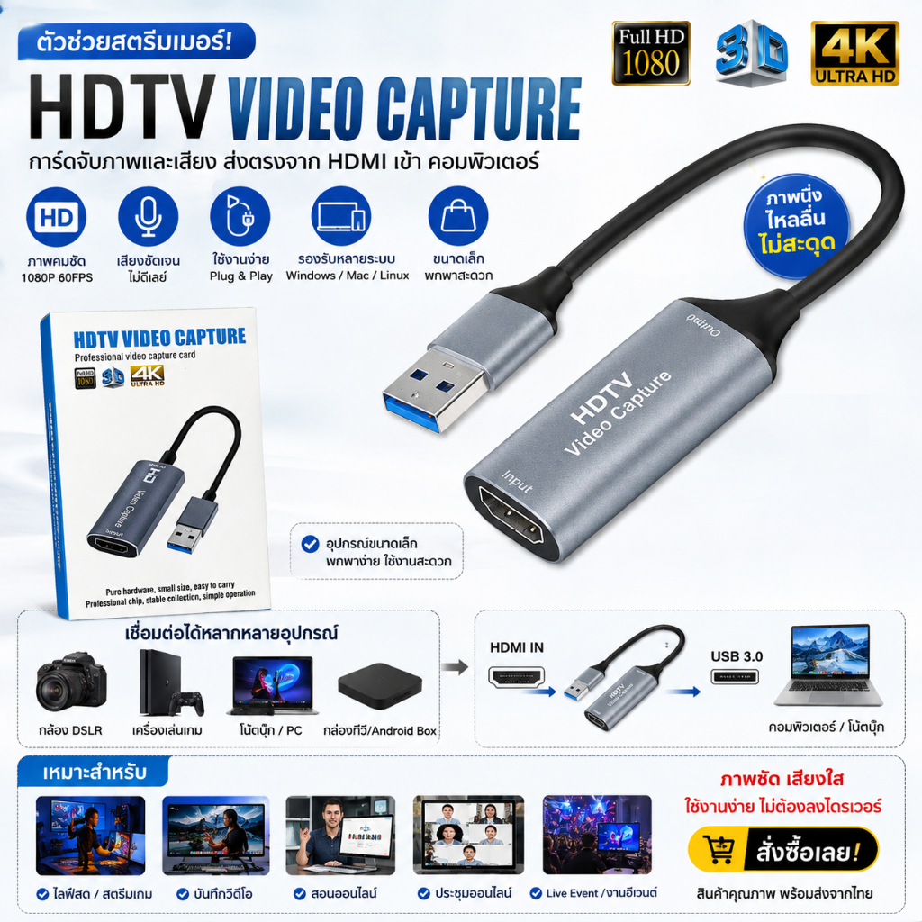 HDTV Video Capture Card อุปกรณ์สำหรับ รับสัญญาณภาพและเสียงจากอุปกรณ์ที่มี HDMI ส่งเข้า Computer/Lapt